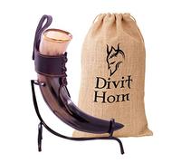 Divit Horn Corne à boire Viking avec support en fer véritable Divit | Ornements en laiton et sac-cadeau en toile de jute inclus | Corne de 13 ’’et capacité de 16 oz(450-500ml) (Leather, Polished)