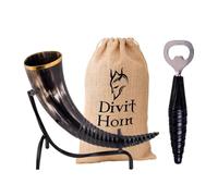 Divit Horn corne authentique de bere vichingo avec support en fer | Corno de Birra Medievale de 450-500 ml | Sac cadeau en tissu inclus (Swirl Horn & Swirl Horn Opener)