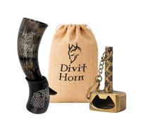 Divit Horn corne authentique de bere vichingo avec support en fer | Corno de Birra Medievale de 450-500 ml | Sac cadeau en tissu inclus (Wolf Engraved Horn & Hammer Opener)