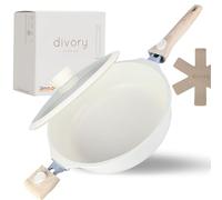 DIVORY Casserole à braiser 28cm induction, Poêle à servir avec couvercle 4,2l - Poignée amovible, Cuve revêtue résistant au four, Aluminium Casserole à bords hauts + protège-poêle