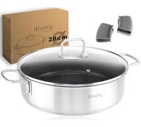 DIVORY Poêle à frire en acier inoxydable 28cm "ULTIME", induction, Poêle à servir avec couvercle 4,6l - Poêle revêtue résistant au four + protège-poêle, lavable au lave-vaisselle