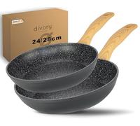 DIVORY Set de poêles 2 pièces Poêle 24cm, 28cm induction - Grande poêle à revêtement anti-adhésif pour tous les types de cuisinières - convient au lave-vaisselle (Aspect bois clair, 2er Set (24,28cm))