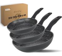 DIVORY Set de poêles 3 pièces Poêle 20cm, 24cm, 28cm induction - Grande poêle à revêtement anti-adhésif pour tous les types de cuisinières (Noir, 3er Set (20,24,28cm))