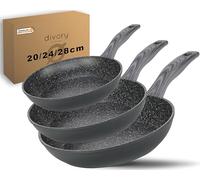 DIVORY Set de poêles 3 pièces Poêle 20cm, 24cm, 28cm induction - Grande poêle à revêtement anti-adhésif pour tous les types de cuisinières Aspect bois foncé, 3er Set (20,24,28cm)