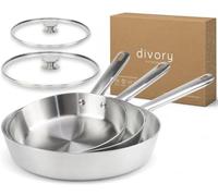 DIVORY Set de poêles inox 20/24/28 cm avec 2 couvercles verre - Induction | Sans PFAS ni PTFE - Set 5 pièces - Poêles au four jusqu’à 400 °C, couvercles en verre jusqu’à 230 °C & lave-vaisselle