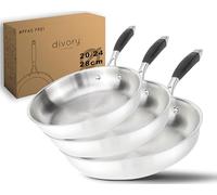DIVORY set de poêles inox 20/24/28 cm - Poêles sans revêtement, sans PTFE & PFOA, pour induction et tous feux, set pro pour saveurs grillées (PURA) (PURA)