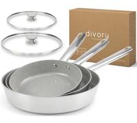 DIVORY Set poêles inox 20/24/28 cm céramique & 2 couvercles en verre | Sans PFAS ni PTFE - Set 5 pièces - Poêles & couvercles en verre au four jusqu’à 230 °C & lave-vaisselle
