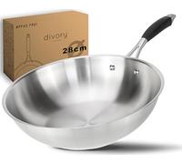 DIVORY Wok en acier inoxydable 28 cm - Sans revêtement, sans PTFE/PFOA, pour induction, tous feux et gaz, passe au lave-vaisselle (PURA, 28cm)