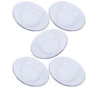 DIYEAH Assiette Émaillée Ronde 24cm, Lot de 5, Blanc à Bord Bleu, pour Fondue Chinoise et Amuse-bouches, Empilable, pour Maison et Restaurant