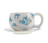 DIYEAH Ensemble tasse et soucoupe en céramique, mug à café fleuri avec | Gobelet de 380 ml (12,8 oz) pour latte, cappuccino, thé et lait, motif floral et nœud, cadeau de pendaison de crémaillère,