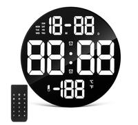 DIYEAH Horloge Murale Alarme Numérique Grand Écran Date Température Télécommande LED Ronde Plastique pour Chambre Bureau