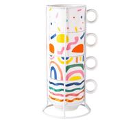 DIYEAH Set de Tasses à Café Empilables Support en Fer 200ml Lot de 4 en Céramique Design Gain de Place et Facile à Ranger, pour Bureau ou Boutique