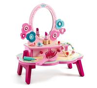 DJECO Coiffeuse en Bois Flora Rose, dès 4 Ans - Jeux d'Imitation & Créativité - Montage Facile - 1 Coiffeuse avec Tiroirs, 1 Miroir, 7 Accessoires Beauté en Bois - L28.5 x l18.7 x H29.7cm