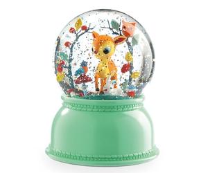 DJECO Lampe Veilleuse Boule à Neige Faon Vert avec Paillettes - Confort Nocturne Apaisant - Minuterie 45 Min - Lumière Changeante, Paillettes Tournoyantes - Moteur Silencieux, Piles Non Fournies