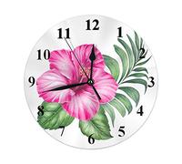 djfhwvjxt Horloge murale ronde avec fleurs d'hibiscus, fleurs tropicales, palmier, feuilles vertes, botanique, art hawaïen, horloge murale ronde, 25 cm