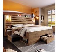 DJHWX Lit double en bois 160 x 200 cm, avec éclairage LED et USB Type-C, niche éclairée, tables de chevet flottantes, espace de rangement avec tiroirs, lit en bois stable avec sommier à lattes, sans