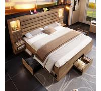 DJHWX Lit double en bois 180 x 200 cm, avec éclairage LED et USB Type-C, niche éclairée, tables de chevet flottantes, espace de rangement avec tiroirs, lit en bois stable avec sommier à lattes, sans