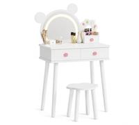 Djioyer Coiffeuse pour enfant avec éclairage - Miroir en forme d'ours, coiffeuse en bois princesse et tabouret, meuble de jeu de rôle sûr pour enfants, idéal pour chambre à coucher, blanc