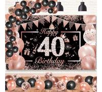 DJLLA Décoration 40 Ans Femme - Bannière Noir Or Rose, Ballons Latex et Confettis, Toile Affiche Fond Photo Booth pour Fête Anniversaire
