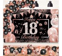 DJLLA Noir Or Rose 18 Ans Bannière Décoration de Fête Anniversaire, Latex Ballon Confetti Ballons Decoration Anniversaire 18 ans Toile Affiche Fond Photo Booth