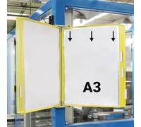 Djois, 413104 - Présentation Mural Métal A3, Antireflet, 10 Poches, Jaune | Métal Robuste, Poches à Pivots PVC Antireflet, pour Industrie, Entrepôts, Magasins et Bureaux