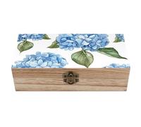DJUETRUI Boîte de rangement en bois massif avec couvercle - Motif hortensia bleu - Grande boîte décorative rectangulaire lisse de style rustique pour bijoux, photos, travaux manuels et cadeaux
