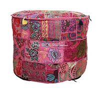 DK Homewares Ethnique Repose Pieds Ottoman Housse de Pouf Rose Ronde Floral Patchwork Brodé Décoration de Maison Coton (22x22x14 Pouces / 55 cm; Pink) - Ensemble de 1 Housse de Pouf