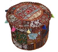 DK Homewares Ethnique Salon Ottoman Housse de Pouf Marron foncé Ronde Floral Patchwork Brodé Décoration de Maison Coton (16x16x13 Pouces / 40 cm; Dark Brown) - Ensemble de 1 Housse de Pouf