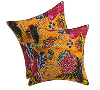 DK Homewares Housse de Coussin Maison 40x40 cm Coton Kantha Fait Main Luxe Jaune Mangue Décoration Ethnique Salon Taie d'oreiller - Lot de 2