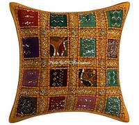 DK Homewares Housse de Coussin Séjour 40x40 cm Coton Fabrication Artisanale Patchwork Décoratif Jaune Mangue Décoration Intérieure Maison Taie d'oreiller - 1 Pièce