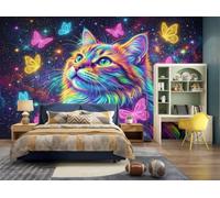 DLERFLOVR Ciel Étoilé Néon Papier Peint Photo Panoramique, Chat Arc-En-Ciel Et Papillon Lumineux Fresque Murale Décoration Murale Pour Salon Chambre D'Enfants, Restaurant, TV Fond, 400x280cm