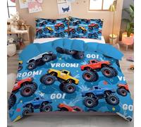 DLERFLOVR Ensemble de Literie Monster Truck, 220x240cm Housse de Couette Style Graffiti Parure de Lit pour 2 Personnes avec avec Fermeture Éclair et Taies d'oreiller 65 x 65 cm, Bleu