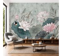 DLERFLOVR Papier Peint Panoramique Lotus D'Inspiration Zen, 350x250cm Poster Geant Mural 3D Peinture À L'Encre Rétro Tapisserie Soie Décoration Murale pour Salon Chambre à Coucher Fond TV, Gris-Vert