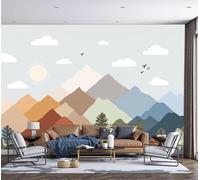 DLERFLOVR Papier Peint Panoramique Montagnes Forestières 400x280cm Papier Peint de Soie Dessin Animé Simple Tableaux Muraux Décoration Murale pour Salon, Chambre, Fond TV, Gris Clair