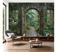 DLERFLOVR Papier Peint Panoramique Murs Pierre Recouverts Mousse Cour, 400x280cm Poster Geant Mural 3D Forêt Tropicale Rétro 3D Tapisserie Soie Décoration Murale pour Salon Chambre à Coucher Fond TV
