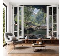 DLERFLOVR Papier Peint Photo Soie Cascade Forêt Grotte 450x315cm Papier Peint Panoramique Royaume Secret Montagne L'Eau Fresque Murale Décoration Murale Pour Salon, Chambre, TV Fond - Vert Foncé