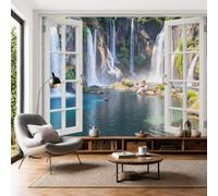 DLERFLOVR Papier Peint Soie Cascade En Forêt, 350x250cm Papier Peint Panoramique Cascade Du Canyon Tableaux Muraux Décoration Murale pour Salon, Chambre, Décor Fond TV, Lac Bleu Et Vert