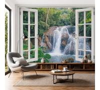 DLERFLOVR Papier Peint Soie Forêt Tropicale Humide, 450x315cm Papier Peint Panoramique Cascade De La Jungle Tableaux Muraux Décoration Murale pour Salon, Chambre, Décor Fond TV, Vert Émeraude