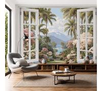 DLERFLOVR Papier Peint Soie Paysage De Jardin Tropical, 250x175cm Papier Peint Panoramique Palmier Rétro Jungle Tableaux Muraux Décoration Murale pour Salon, Chambre, Décor Fond TV, Vert Émeraude