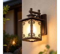 DLGGO Chinois Rétro Extérieure Applique Murale Étanche En Aluminium En Verre Givré Applique Murale Style Japonais Simple Carré Antique Villa Porte Porte Jardin Terrasse LED Lumières E27 Décoration Lan