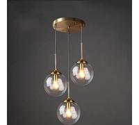 DLSixYi Lustre en laiton vintage industriel à 3 lumières Transparent/Gris fumé/Boule de verre ambre Suspension Cluster E27 Suspension pour îlot de cuisine Salon