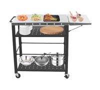 dmiuiou Chariot de barbecue 4 niveaux en acier inoxydable pour l'extérieur | Chariot de service avec étagère latérale pliable et roulettes de frein - Chariot de barbecue mobile