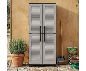 Dmora - Armoire d'extérieur Veurne, Armoire à balais, Armoire d'extérieur 2 portes, 100% Made in Italy, 68x37h169 cm, Gris clair et noir, Finition rayée