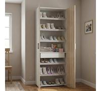 Dmora - Armoire polyvalente Ginestra, Armoire linéaire avec 2 portes battantes, Armoire avec 6 étagères, Étagère à chaussures moderne, 100% Made in Italy, 72x37h195 cm, Orme et Blanc
