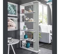 Dmora - Bibliothèque Columbia, Bibliothèque double face avec 5 étagères, Etagère de séparation pour bureau ou chambre, 90x25h180 cm, Blanc et Ciment