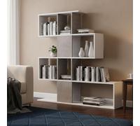 Dmora - Bibliothèque Hoya, Bibliothèque double face avec 5 étagères, Étagère en zigzag pour livres, Armoire murale avec étagères, 100% Made in Italy, 145x29h145 cm, Blanc et Ciment