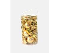 Dmora Boîte 50 pièces décorations de Noel multi-formes, ornements et pointe, ensemble assortiment de boules de Noel, boîte ensemble arbre de Noel, 4 à 10 cm, couleur or