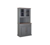 Dmora Buffet à 2 Portes fermées 2 vitrines et 2 tiroirs, en pin Massif Verni Gris avec Top et Finition Marron, 90 x 45 x 191 cm, Bois d'ingénierie
