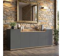 Dmora Buffet Allmo, 200 x 35 x 70 cm, noir, anthracite, 7 étagères, portes battantes, buffet à 5 portes, fabriqué en Italie