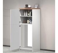 Dmora - Buffet de Cuisine Plinio, Armoire Polyvalente, Meuble de kitchenette, Support réfrigérateur Multifonctionnel, 100% Made in Italy, 60x60h165 cm, Blanc Brillant et chêne